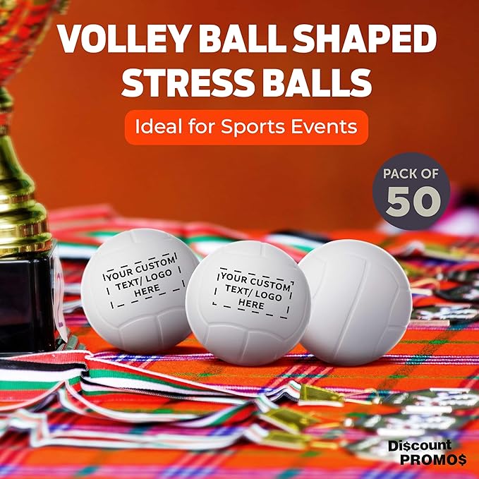 DISCOUNT PROMOS Custom Volley Ball Shaped Squeeze Balls Set of 50 Personalized Bulk Pack - Perfect for Promotional Giveaways - White