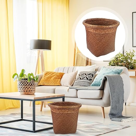 Homoyoyo Straw Woven Wastebasket Large Round Decorative Trash Can Bin for Bedroom Bathroom Home Office Smooth Edges Lightweight Paper Basket for Easy Waste Disposal Functional Storage