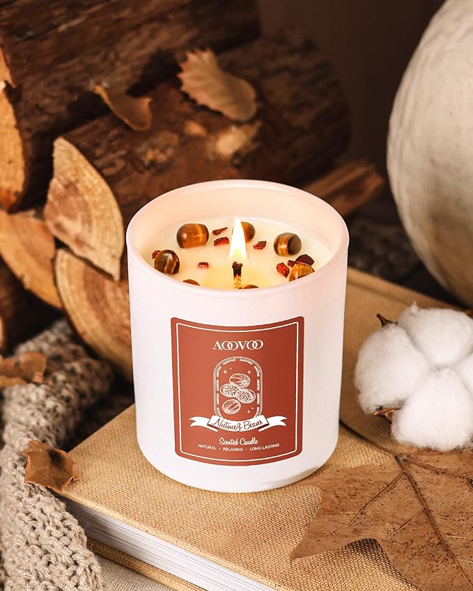 AOOVOO Nutmeg Beans Scented Candles for Women - Aromatherapy Candle with Crystals Inside 10oz Soy Candles for Home Scented Birthday Gifts Valentines Day Candle for Women Mom