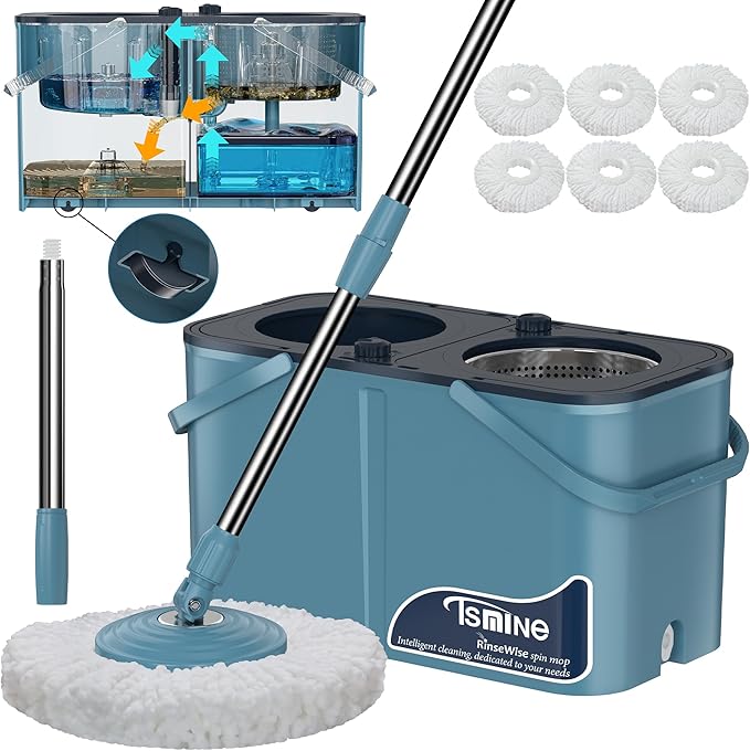 Spin Mop for Large Homes &amp Big Floor Cleaning Clean &amp Dirty Water Separation Mop Bucket for Family &amp Pet Homes4-Chamber System Glide Wheels Safe for Hardwood &amp Tile Adjustable Han