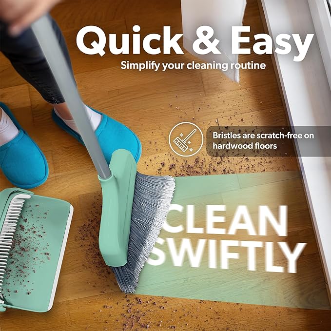 BLACK+DECKER Butler Broom &amp Dustpan Set - Short Handle Stand-Up Design - Lightweight Space-Saving Combo for Kitchen Living Room Bathroom Lobby Floors - Home Cleaning Essential Teal/Grey
