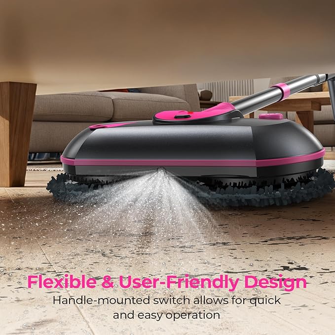 ScrubWiz Cordless Electric Spin Mop with Water Sprayer 300ml Tank Self-Propelled Floor Cleaner for Hardwood &amp Tile Quiet Cleaning Adjustable Handle 2500mAh Long-Lasting Battery Pink