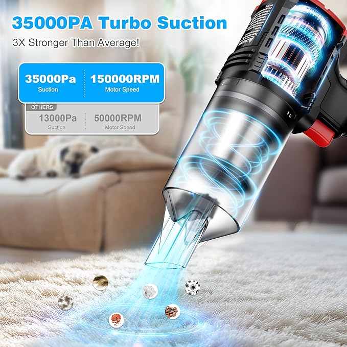 Car Vacuum Cordless 35000PA Strong Suction Handheld Vacuum with 2 Detachable Batteries 60Min Runtime Portable Vacuum Cleaner for Car Detailing Pet Hair Home Couch &amp Office 350ML XL Dust Cup