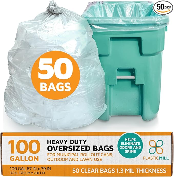 PlasticMill Heavy Duty Trash Bags - Clear Garbage Bags - Plastic Trash Bags for Large Rolling Trash Bins - Tall Trash Bags - 100-Gallon Large Kitchen Trash Bags 1.3 Mil 67x79 (50-Count)