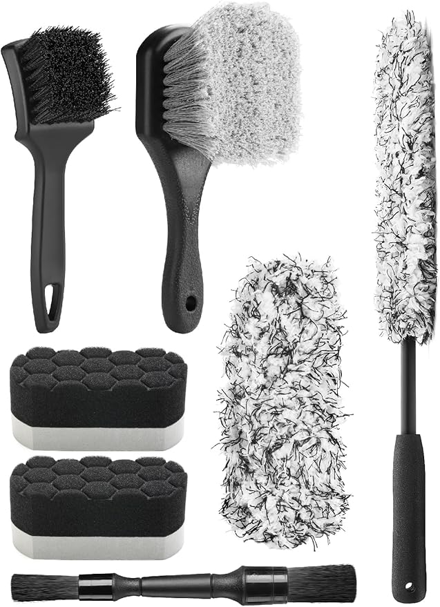 Fantasticlean 7PCS Car Wheel Cleaning Pro Kit Tire Brush Soft-bristled Rim Brush Microfiber Flat Wheel Brush Double-Ended Detailing Brush Detailing Pads Scratch-Free &amp Multipurpose