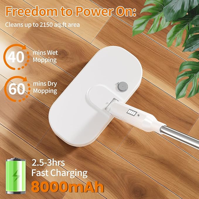 Adjustable Cordless Electric Spin Mop with self-propelled water sprayer/8000mAh Battery/LED Headlightself-propelled design with 6 Washable mop Pads for Hardwood Tile Floors Quiet Cleaning/Waxing