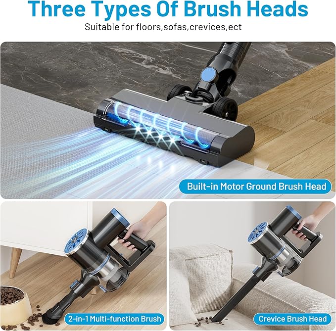 Cordless Vacuum Cleaner with Self-Standing LED Screen Stick Vacuum Cleaners for Home Lightweight Powerful Suction Vacuum 6-in-1 Rechargeable Vacuum for Carpets Pet Hair Hardwood Floors