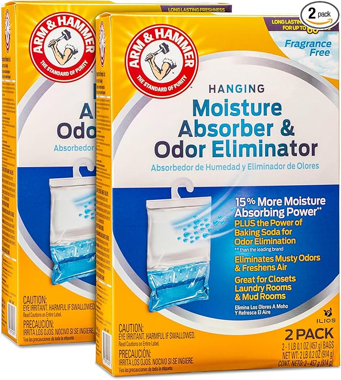 Hammer Hanging Moisture Absorbers and Odor Eliminator - 1 Fragrance Free &amp 1 Clean Burst - Humidity Packs Traps Moisture - Fresher Air - Humidity Absorber Dehumidifier Bags - 2 Pack Packed by ILI