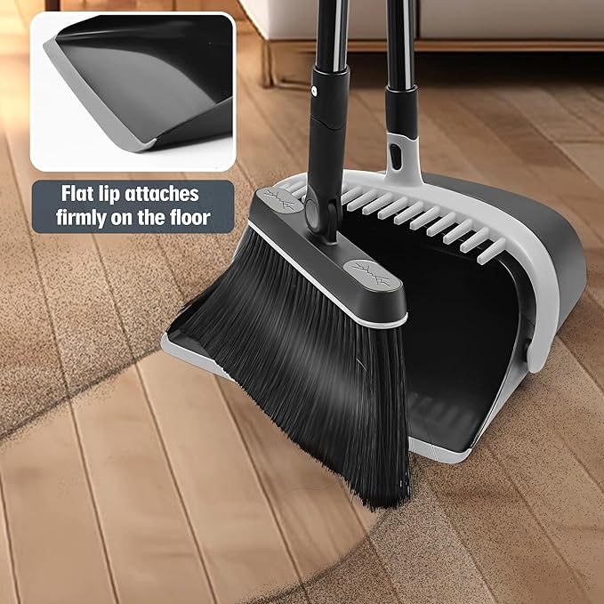 JEHONN Broom and Dust Pan 54.3 inches Long Handle Swivel Brush Upright Foldable Dustpan with Comb Teeth for Home Kitchen Lobby Indoor Floor Cleaning (Black &amp Gray)