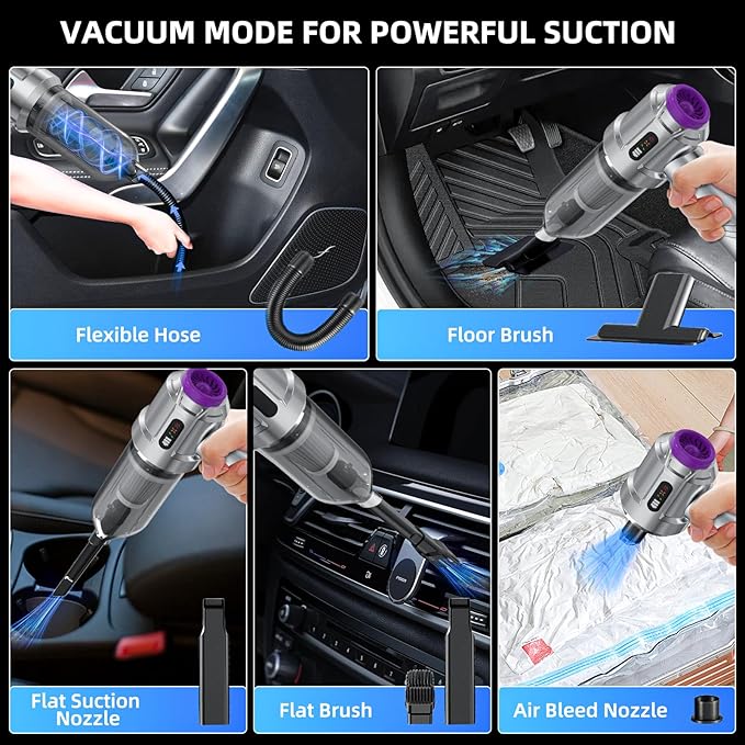 Cordless Vacuum Cleaner - 22000PA Handheld Car Vacuum 4-in-1 Portable Mini Air Duster Rechargeable 3-Speed Small Powerful Gadgets &amp Gifts for Home Office Mattress Carpet Pet (Silver)
