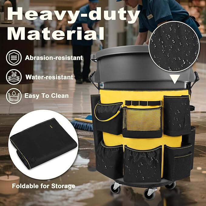 32-55 Gallon Trash Can Caddy Bag Garbage Bin Apron Caddy with Multiple Pockets for Cleaning Supplies Cleaning Tool Organizer with Adjustable Buckle for Janitorial Trash Can Black+Yellow
