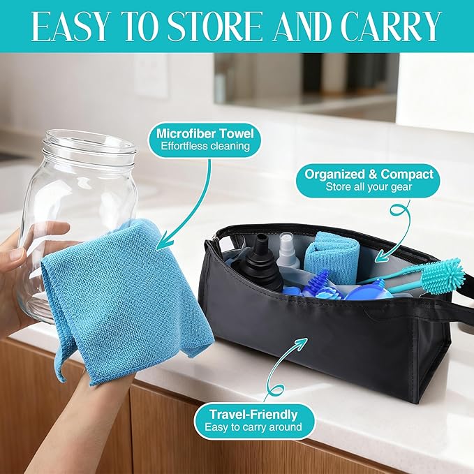 Glass Cleaning Kit - Reusable Silicone Accessories - Complete Kit to Clean your Piece Just Add Cleaner - Reusable Soaker Bag Brushes Mat Caps &amp Plugs Funnel &amp Microfiber Towel (12pc)