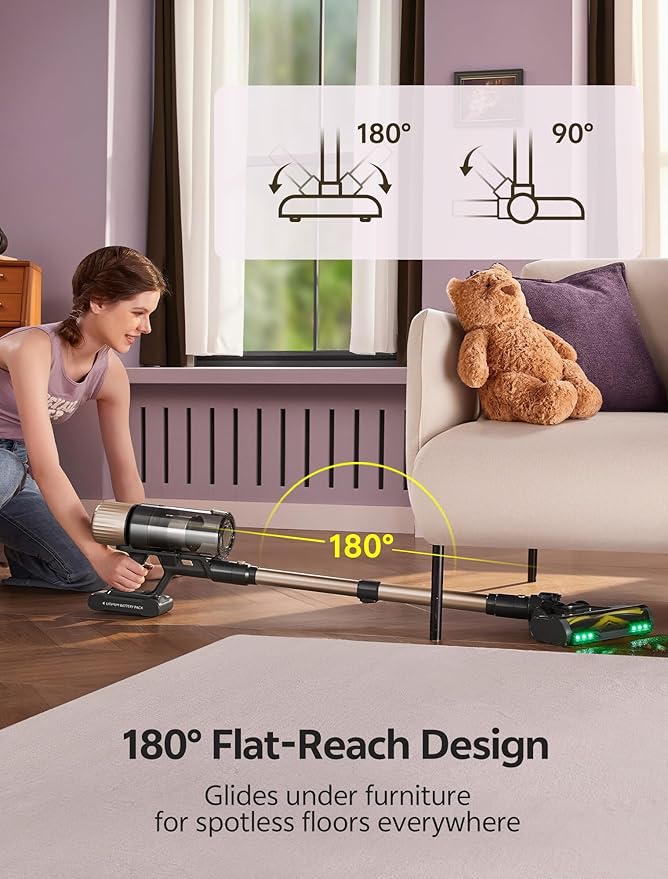 Ultenic Cordless Vacuum Cleaner 600W 60KPA 65mins Vacuum Cleaners for Home Cordless Stick Vacuum with Green Light Self-Standing &amp 180° Lay-Flat Anti-Tangled Brush for Floor/Carpet/Pet Hair