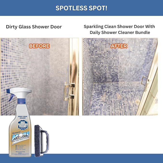 Daily Shower Spray Kit with 2 Items Hard Water Spray Foam Cleaner with Glass Stain Remover Scrub Brush. An All In One Shower Cleaner Spray Solution
