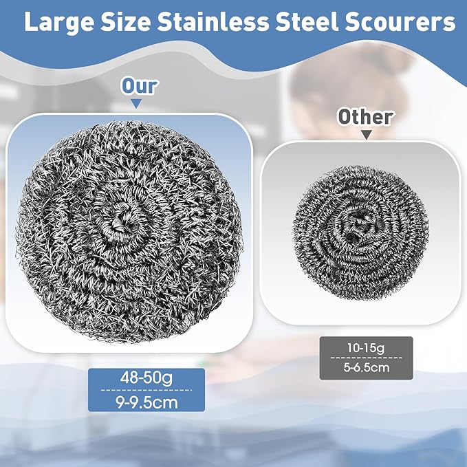Roshtia 40 Pcs Stainless Steel Scrubber Bulk Large Steel Wool Scrubber 50 Gram Stainless Scourers Sponges Scouring Pads for Cleaning Dishes Stoves Pots Pan Cooker Hoods