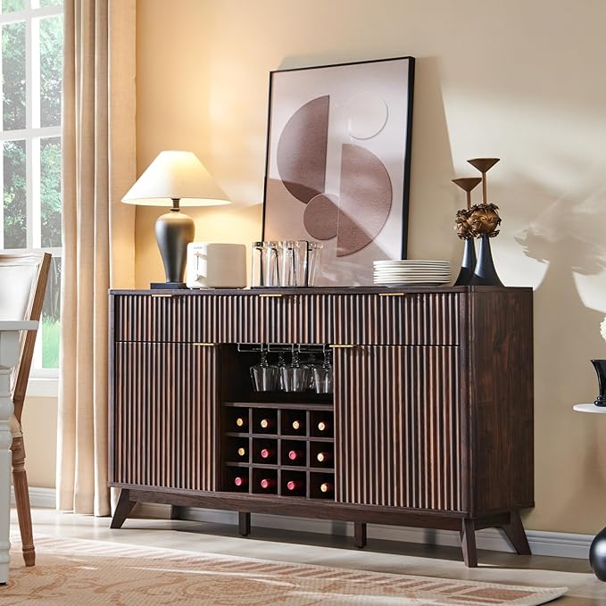 OKD Fluted Wine Bar Cabinet 60 Wide Modern Buffet Sideboard with Ample Storage - 2 Side Cabinets 3 Drawers 4 Glass Holders &amp 12 Wine Racks Coffee Bar Cabinet for Kitchen Dining Room Dark Wa