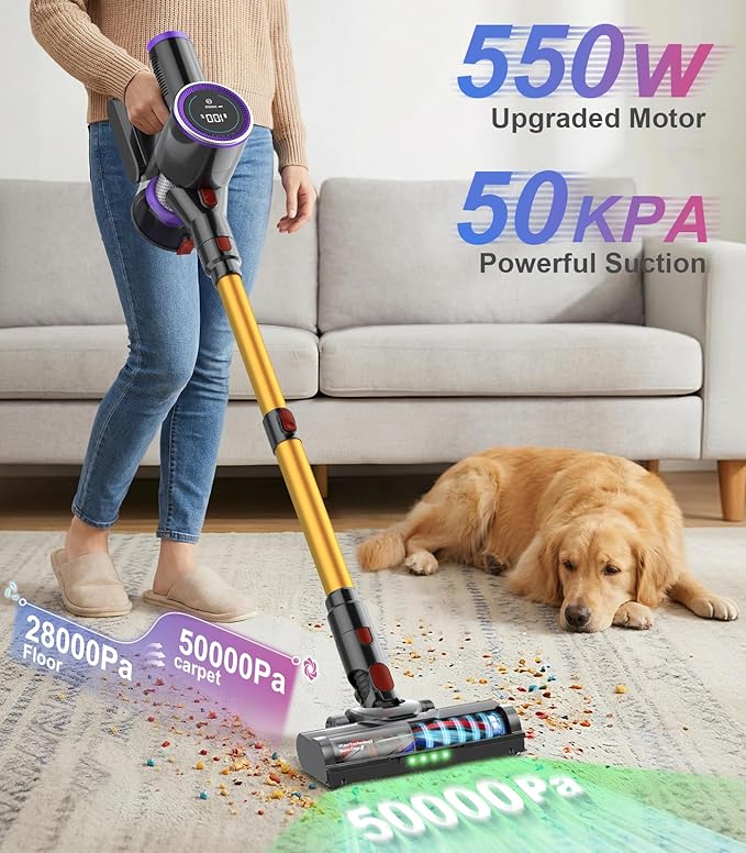 Cordless Stick Vacuum Cleaner: 550W 50KPA 45Mins with Powerful Suction Self-Standing Lightweight Wireless Rechargeable Handheld Vacuum with Touch Screen for Home Pet Hair/Carpets/Floors