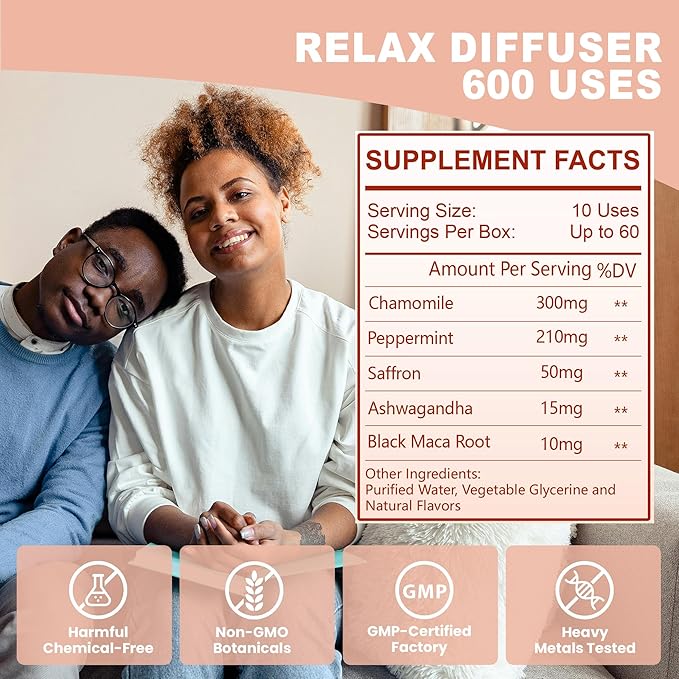Herbal Diffuser Pen Relax Diffuser with Chamomile Peppermint Saffron Ashwagandha &amp Black Maca Root for Breathing in Calm All Natural Swap - 600 Uses 1 Diffuser 1 Pack