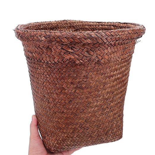 Straw Woven Wastebasket Small Trash Can Coffee Color Medium Size Household Office Waste Paper Basket for Bedroom Bathroom Countertop Use
