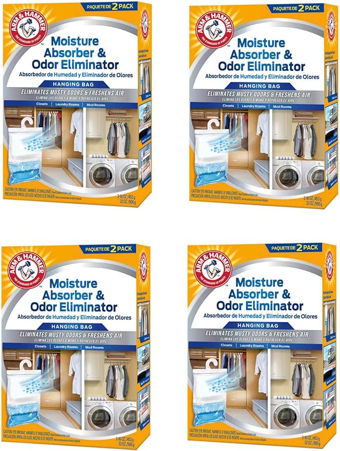 Arm &amp Hammer Moisture Absorber &amp Odor Eliminator 16oz Hanging Bag 4 Pack (8 Bags Total) Eliminates Musty Odors &amp Freshens Air for Closets Laundry Rooms Mud Rooms