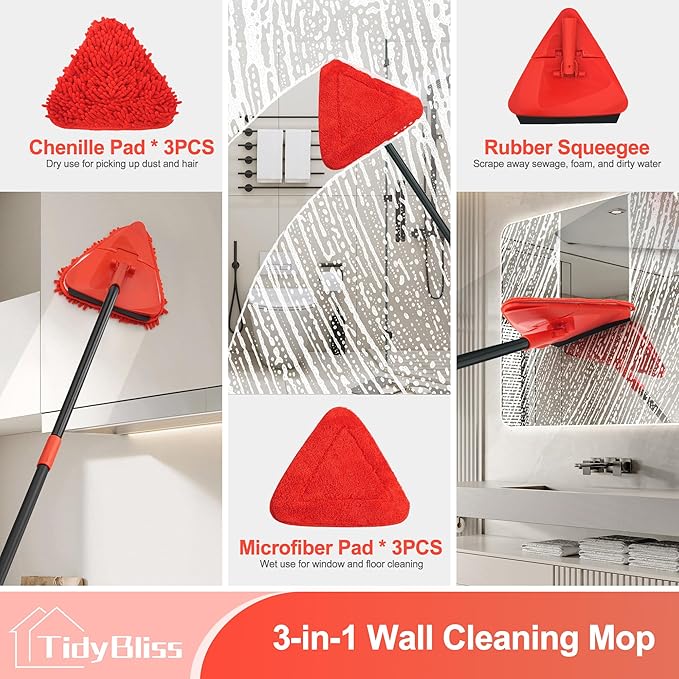 Wall Cleaning Mop with Long Handle 80” Ceiling Duster Scrubber with 360° Swivel Collapsible Head Baseboard Cleaner Tool with 3 Chenille and 3 Microfiber Pads for Windows Floor (Red)