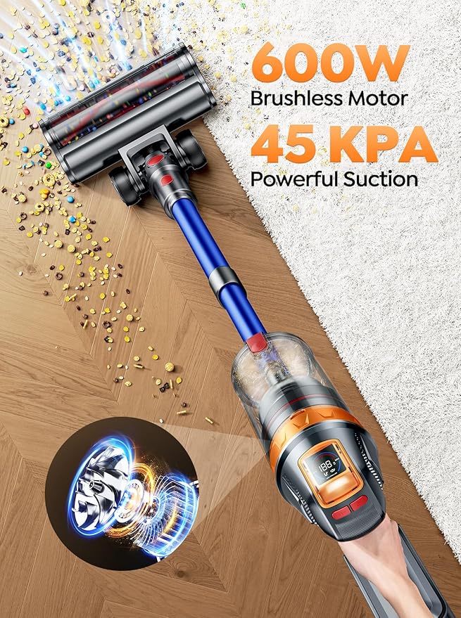Cordless Vacuum Cleaner 600W with Extra Mattress Cleaning Tool 45KPA Stick Vacuum Cleaners for Home 60 Mins Runtime Self-Standing Wall Mount Charging Rechargeable Vacuum for Floor Carpet Pet Hair