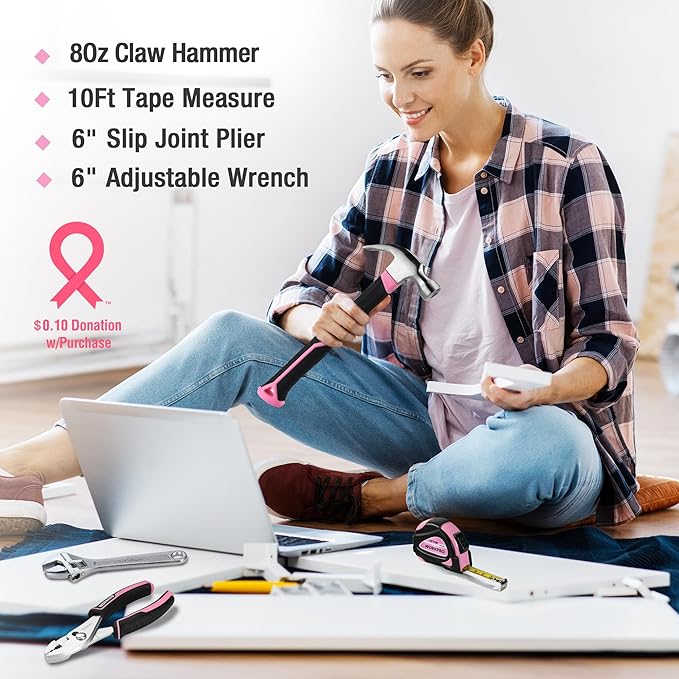 WORKPRO Pink Tool Set - 100 Pieces Pink Tool Kit with Easy Carrying Pouch Household Tool Kit for Home Apartment Office College Perfect for DIY Projects Home Maintenance - Pink Ribbon