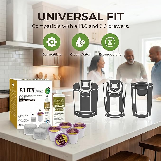 6-Month Maintenance Kit for Keurig: 2 Descalers + 4 Filters + 8 Cleaning Pods Compatible with Keurig Classic/1.0/2.0 K-Cup Coffee Makers