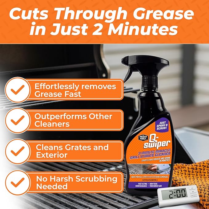 Proud Grill Company Q-Swiper 2-Minute Miracle Grill &amp Grate Cleaner with Scrub Clean Cloth - Degreaser Spray for BBQ Oven Stove Kitchen Tops &amp Surfaces Grate &amp Grease Remover Smoker C