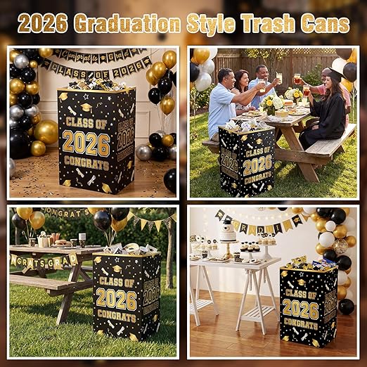 Tinlade 6 Pack 2026 Black and Gold Graduation Decoration 13 Gallon Disposable Trash Cans Class of 2026 Party Garbage Bins Large Waterproof Foldable Recycle Pop up Bins for Graduation Party School