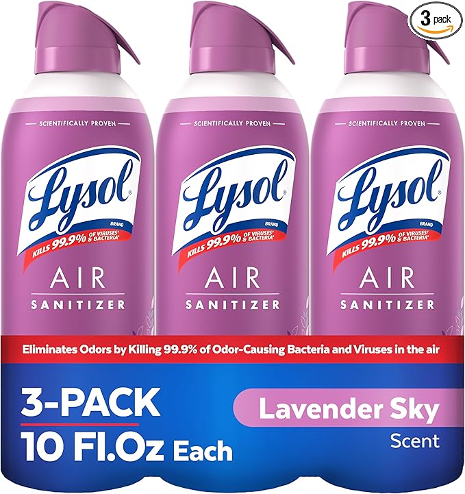 Lysol Air Sanitizer Spray with Bacterial Odor Eliminator for Home &amp Office Sanitizing Air Spray Air Freshener Alternative Lavender Sky Scent 10 oz (Pack of 3)