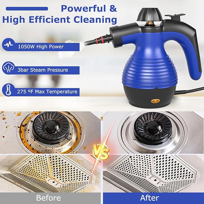 COSTWAY Handheld Steam Cleaner 1050W Portable Household Steamer with 9 Accessories 12 oz Water Tank Multipurpose Pressurized Steam Cleaning Machine for Floor Window Grease Grime (Blue)