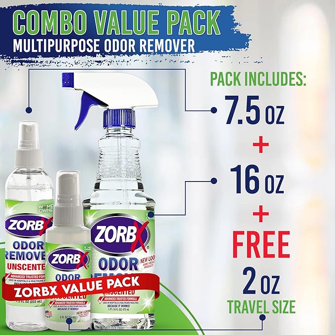 ZORBX Odor Remover Bundle – Includes 16 Oz Fast-Acting Odor Remover Spray 7.5 Oz Compact-Sized Odor Remover Spray 2 Oz Travel-Friendly Odor Remover Spray &amp 24 Oz M&ampM Stain and Odor Remover