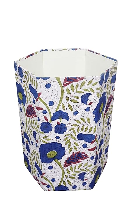Handmade Cotton Paper Waste Basket Stylish Trash Can for Home or Office (1 Green Bule FLOWAR)