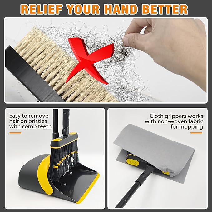 JEHONN Broom and Dust Pan 54.3 inches Long Handle Swivel Brush Upright Foldable Dustpan with Comb Teeth for Home Kitchen Lobby Indoor Floor Cleaning (Black &amp Yellow)