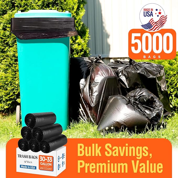 Delxo 30-33 Gallon Trash Bags 5000 Count – 0.6 Mil Medium Duty Garbage Bags Durable Plastic Bolsas para basura Perforated Design– Made in USA for Kitchen Yard Office (Black)