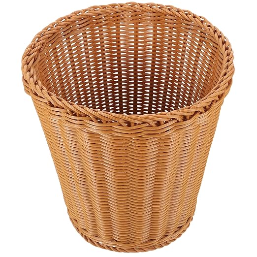 Amosfun Rattan Waste Basket Wicker Trash Can Waste Woven Basket Boho Woven Trash Can Wastepaper Bin Woven Storage Basket Garbage Container for Bathrooms Kitchen