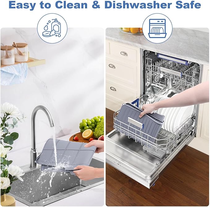 Silicone Dish Drying Mat with Drain Lip 23.6'' x 17.9'' Non-Slip Silicone Dish Drying Mat for Kitchen Counter Heat Resistant Dish Drying Pad Quick Dry Self-draining Dish Drainer Mat Board Grey