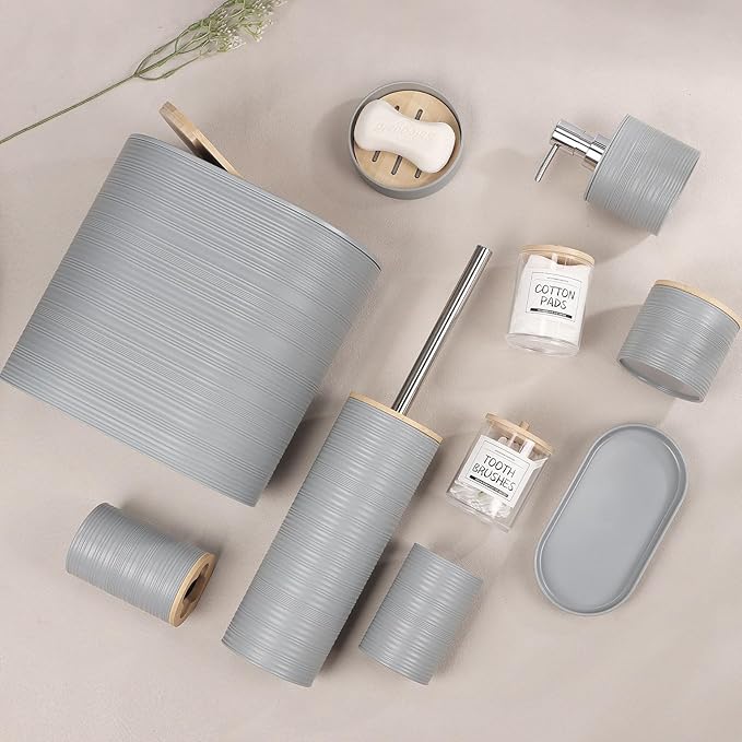 IMAVO Bathroom Accessory Set-11Pcs Grey Bathroom Accessories Set with Trash CanSoap DispenserSoap DishToothbrush HolderToothbrush CupToilet Brush HolderQtip Holder Dispenser with Labels