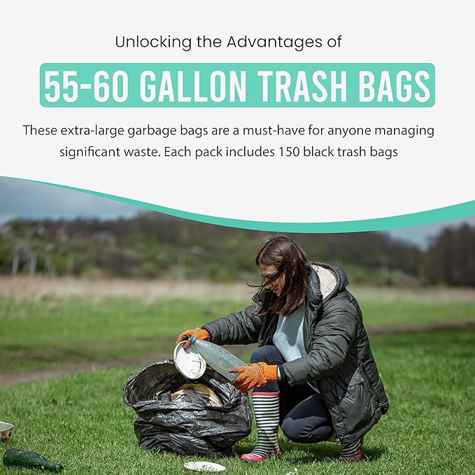 Extra Large 55-60 Gallon Trash Bags | 22 Micron Thickness - 150 Count Heavy Duty Black Garbage Bags for Office Lawn Events and More | Durable Leakproof Star Seal | Made in USA