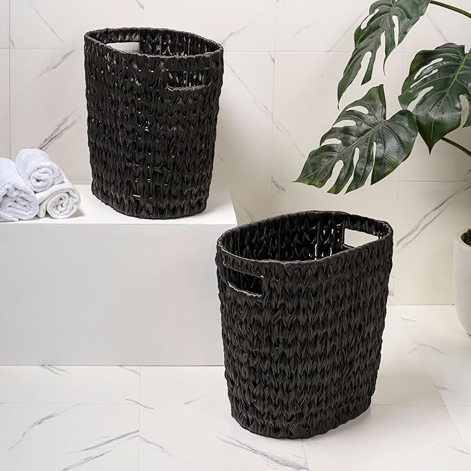 happimess HPM1407C-SET2 Maple Contemporary Farmhouse Resin 4.5-Gallon Tapered Oval Wicker Watebasket with Handles Black (Set of 2)