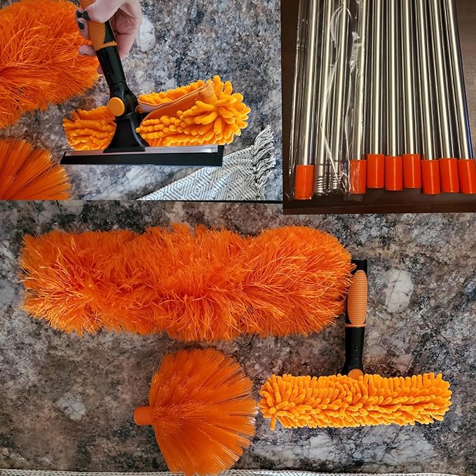 20+ Feet High Reach Duster Kit with 3-14 ft Extension Pole // High Ceiling Dusting and Window Cleaning Kit with Spliceable Pole - Window Washer &amp Squeegee Cobweb Duster Fan Blade and Feather Dus