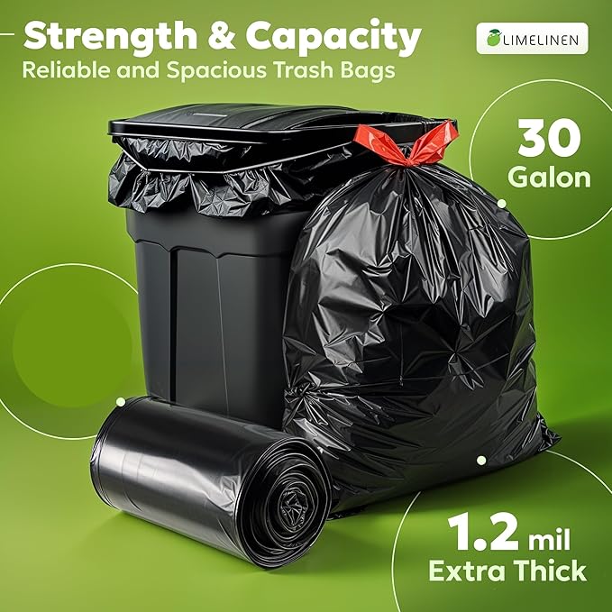 LIMELINEN 30 Gallon Garbage Trash Bags 100 Count 1.2 mil Extra Thick Trash Bags with Drawstring Closure Leak and Odor-Resistant Large Plastic Bags For Office Home Hospital Big Waste Binst