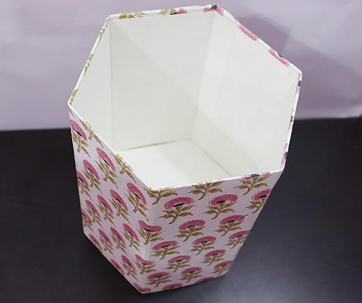 Christmas Decorative Hand Block Printed Waste Basket/Trash Can/Garbage Can/Card Board Trash Can Housewarming Gift (Pink&ampGreen)