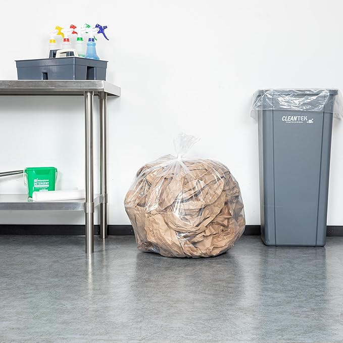 Restaurantware-RW Clean 33 Gallon Trash Bags 100 Medium-Duty Garbage Can Liners- Fits 33-39 Gallon Trash Cans Stretchable Clear Plastic Bin liners with Star Seal Bottom