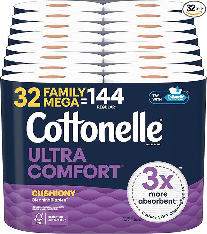 Cottonelle Ultra Comfort Toilet Paper with Cushiony CleaningRipples Texture 32 Family Mega Rolls = 144 Regular Rolls (8 Packs of 4)