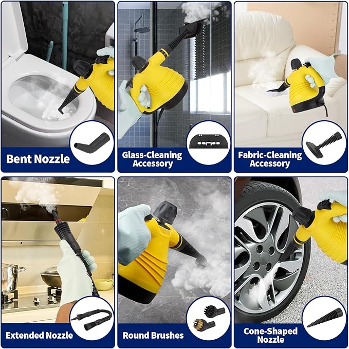 Handheld Steam Cleaner with 12pcs Accessories &amp Safety LockMulti-Purpose &amp Powerful Home Use Pressurized Steamer for CleaningCar Bathroom Shower Upholstery Grout Window Grime Grease