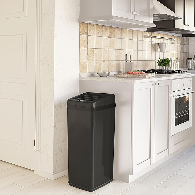 iTouchless 14 Gallon Slide Open Lid Kitchen Trash Can with Black Stainless Steel Rectangular Motion Sensor Trashcan for Home Office Work Bedroom Living Room Garage Large Capacity Slim Wastebasket