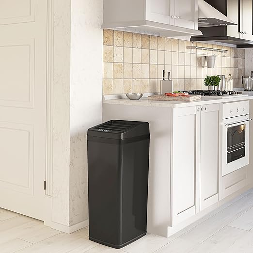 iTouchless 14 Gallon Sliding Lid Automatic Sensor Trash Can with Odor Filter System 52 Liter Black Steel Touchless Kitchen Garbage Bin Matte Black
