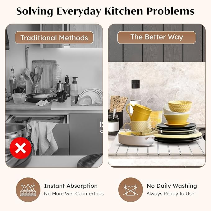 Stone Dish Drying Mat for Kitchen Counter 24x16 – Natural Diatomaceous Earth Quick Dry Mat – XL Heat Resistant Countertop Protector – Absorbent Kitchen Accessory for Home or Gift Use